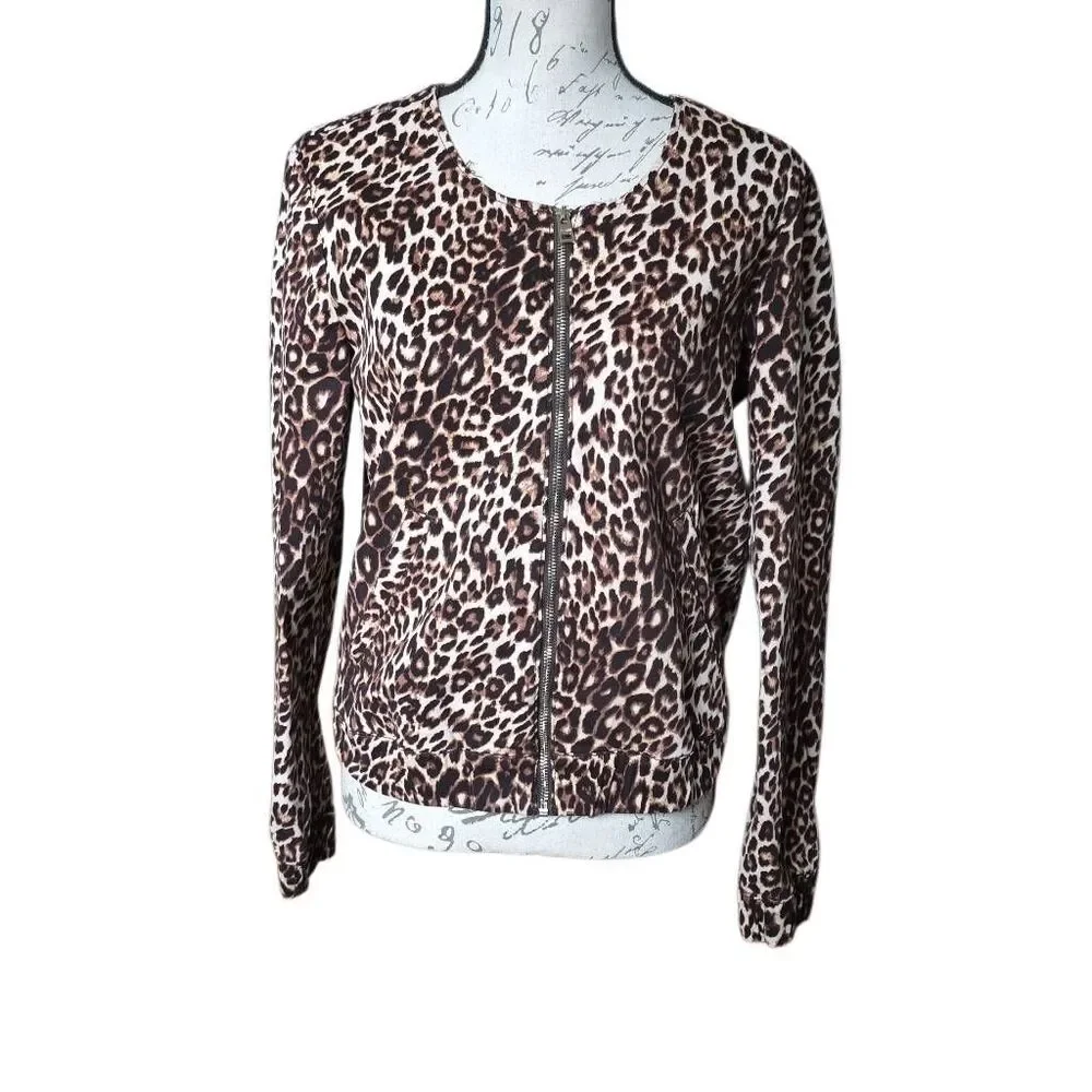 Guess Women's Size Large Tan Black Cheetah Print Cotton Blend Full Zip Jacket